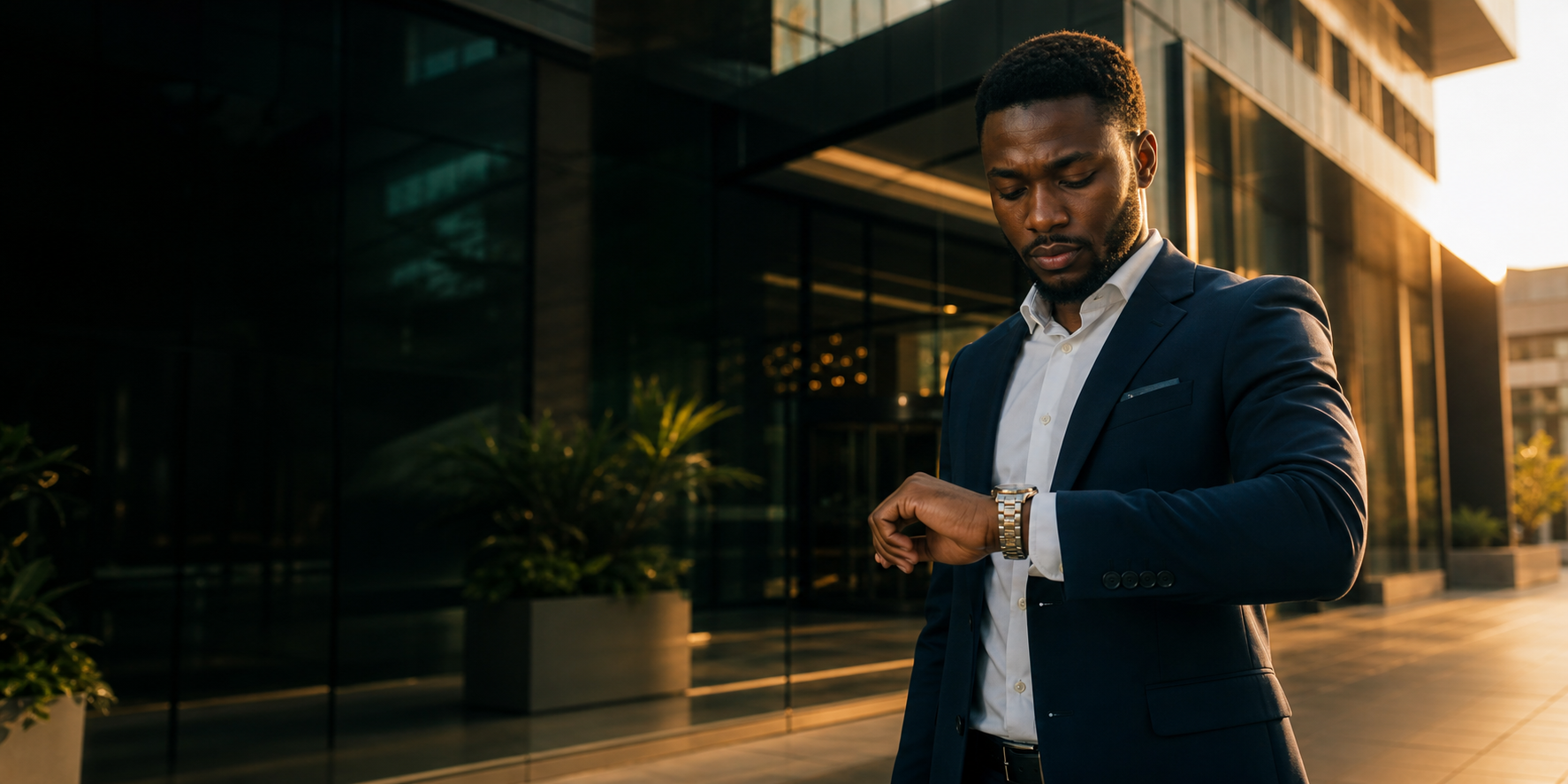 African business professional checking a wristwatch outside a contemporary office building
