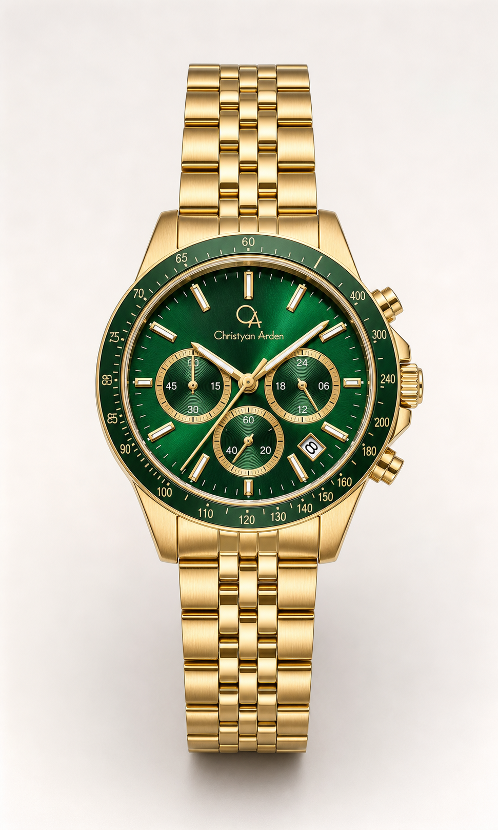 Atlas Emerald Multi-Dial Christyan Arden produced quartz watch style shown from the front