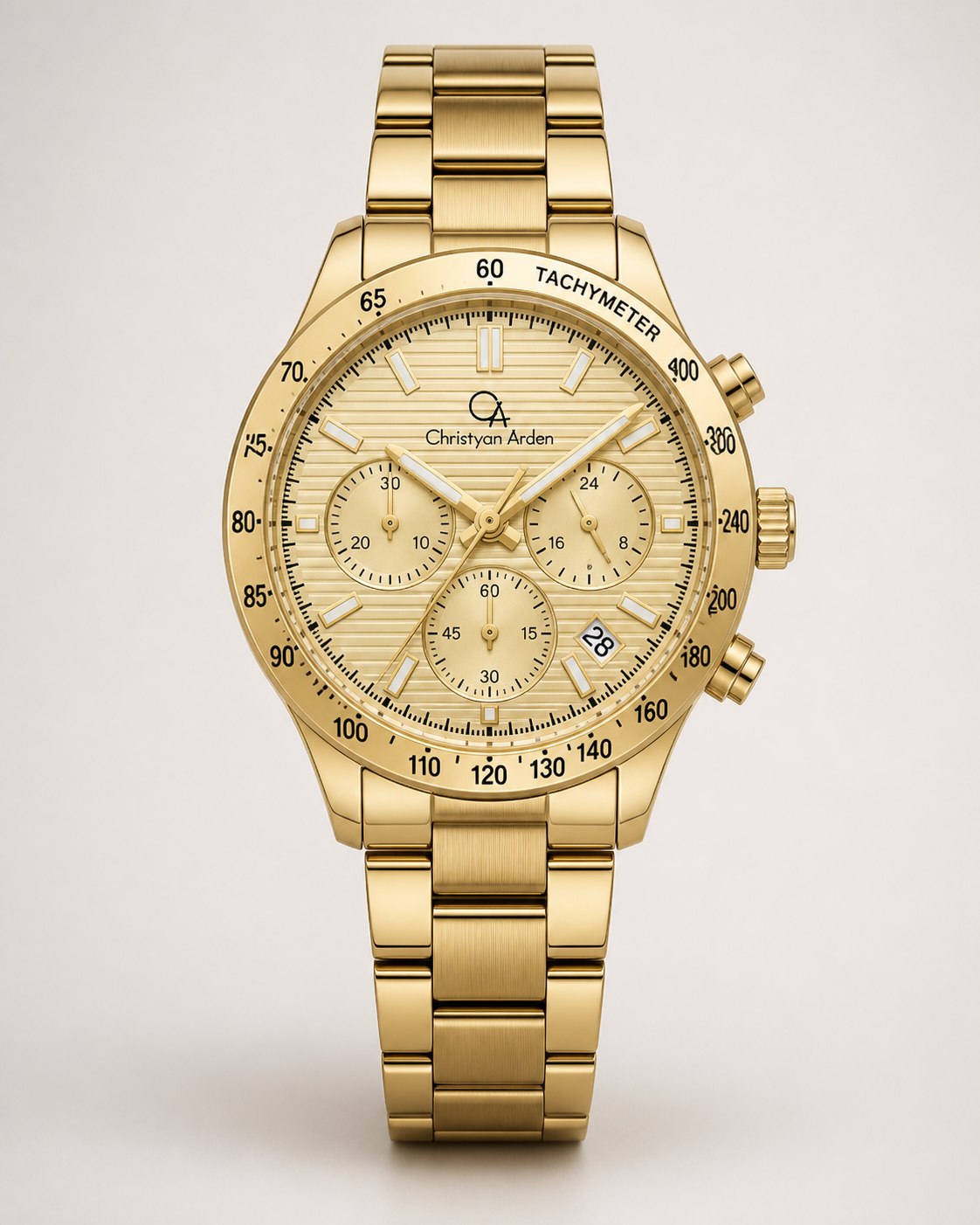 Full front view of the CA-221 Atlas Champagne Multi-Dial produced watch style