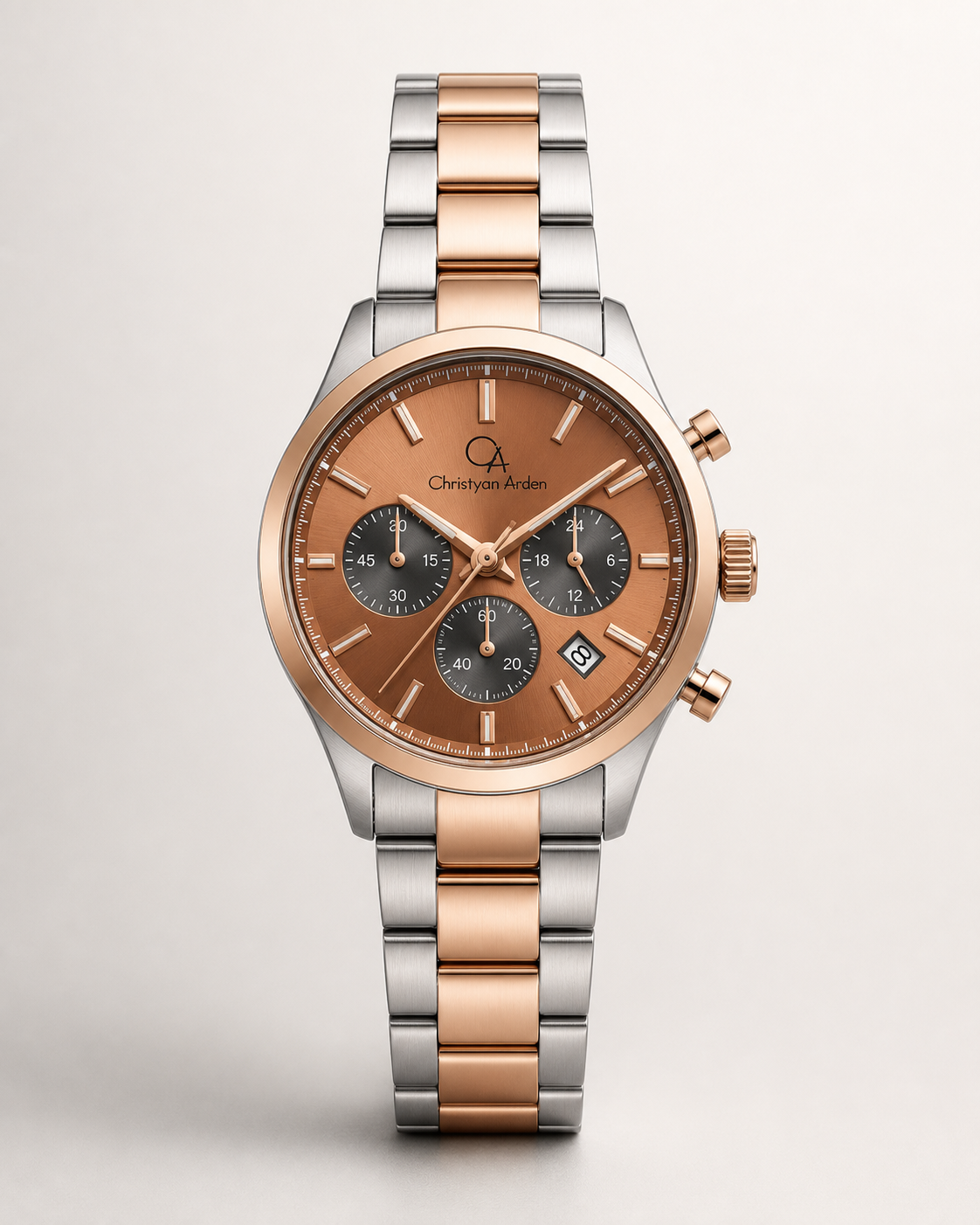 Atlas Copper Multi-Dial Christyan Arden produced quartz watch style shown from the front