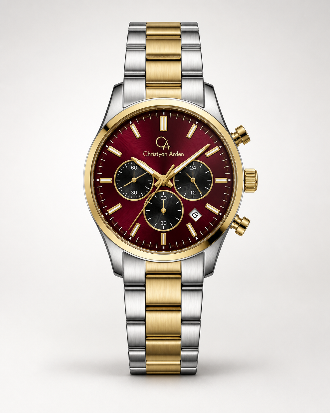 Atlas Burgundy Multi-Dial Christyan Arden produced quartz watch style shown from the front