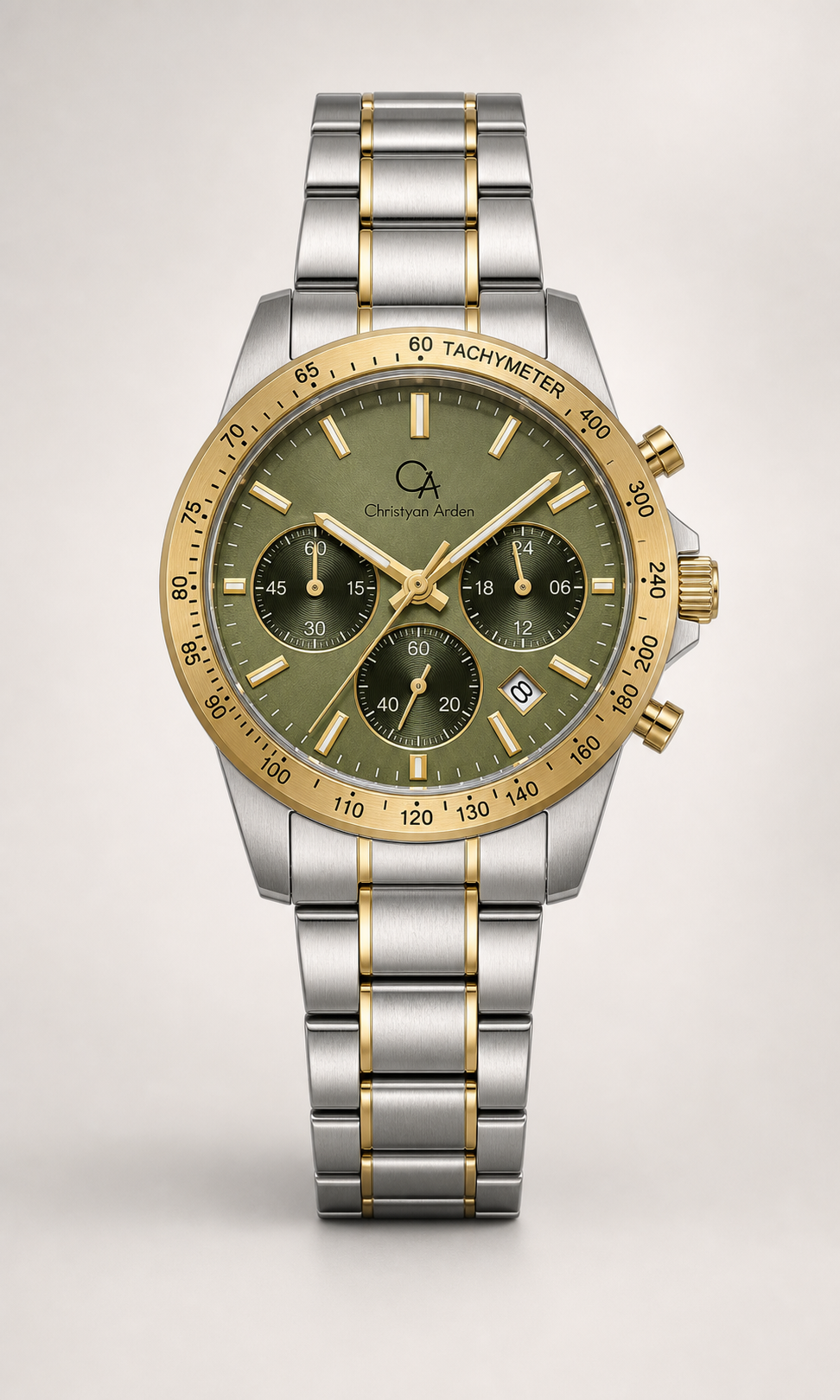 Atlas Olive Multi-Dial Christyan Arden produced quartz watch style shown from the front