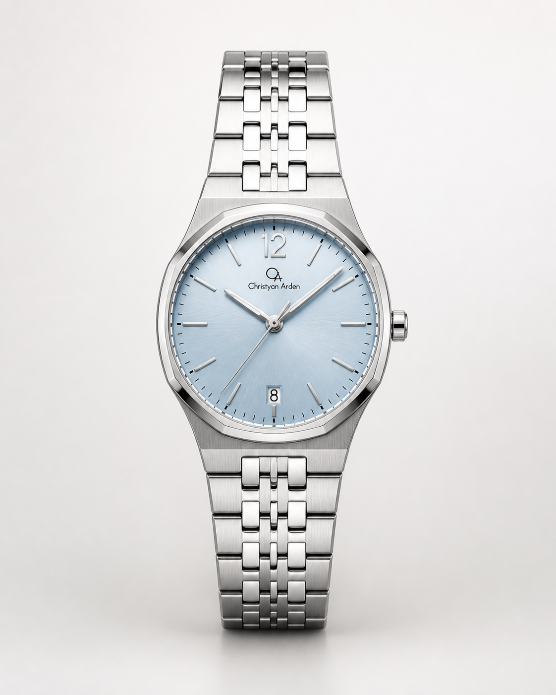Full front view of the CA-247 Horizon Ice Blue Minimal produced watch style