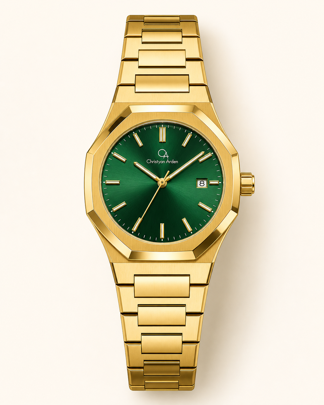 Full front view of the CA-249 Crownline Emerald Gold Statement produced watch style