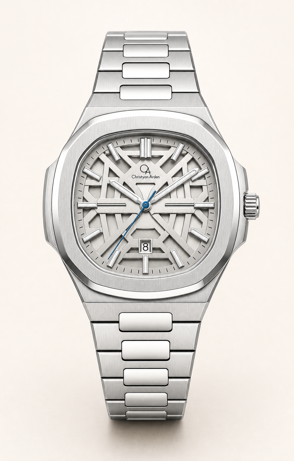 Crownline Silver Openwork Christyan Arden produced quartz watch style shown from the front