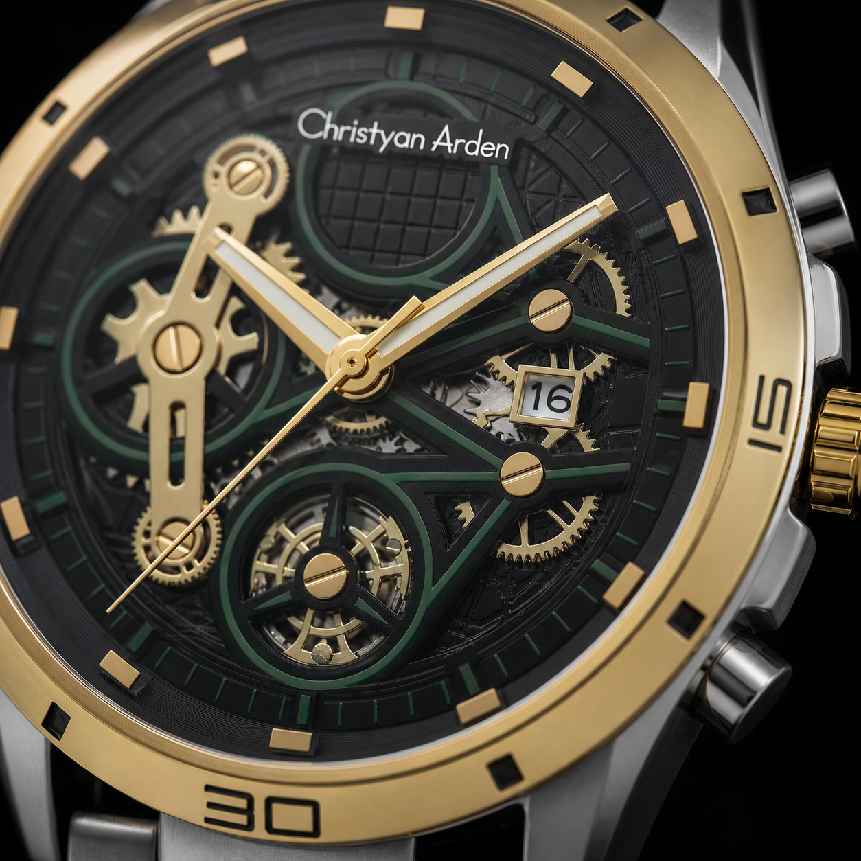 Close view of the CA-202 black and emerald dial and date display