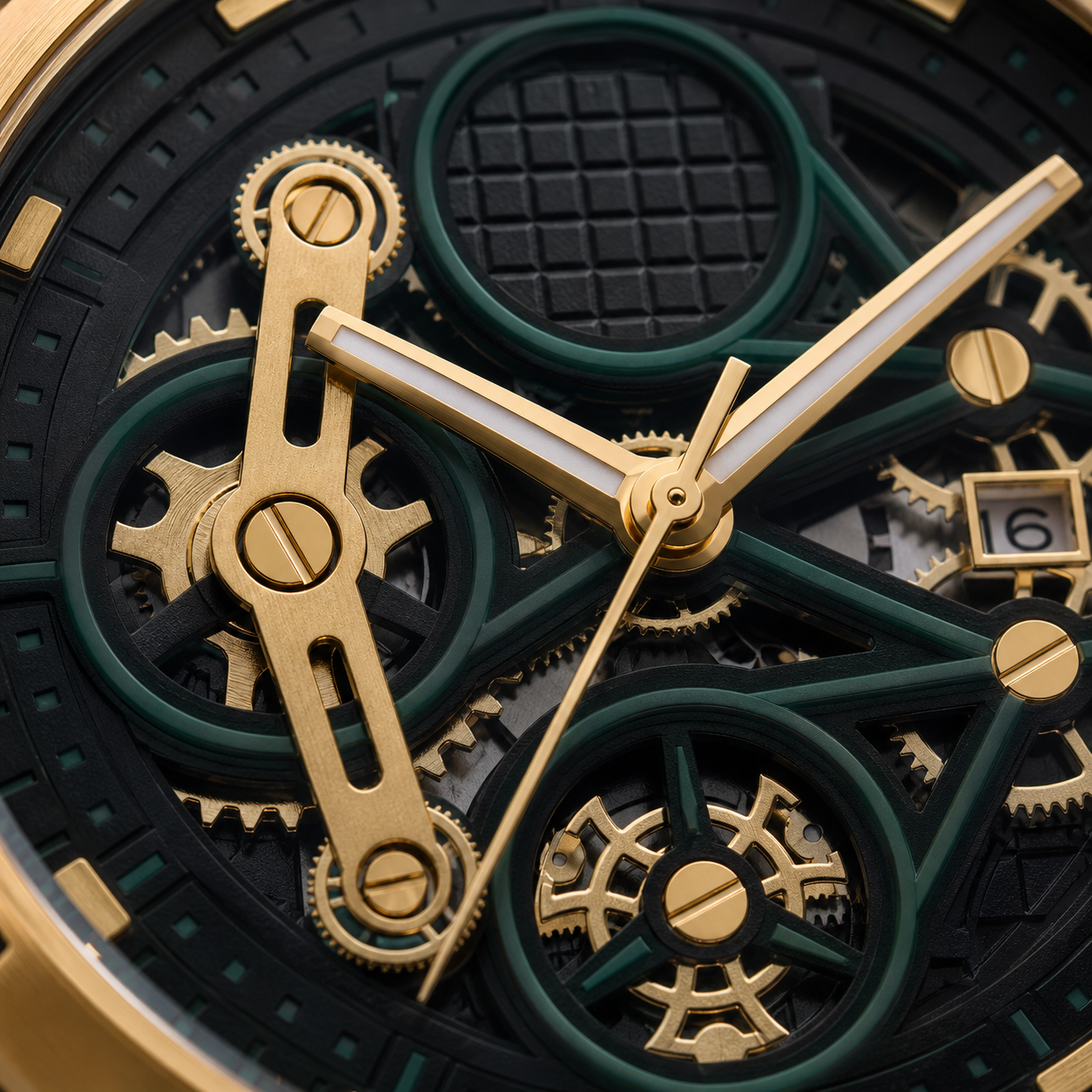 Macro view of the CA-202 gold-tone hands and dimensional dial details