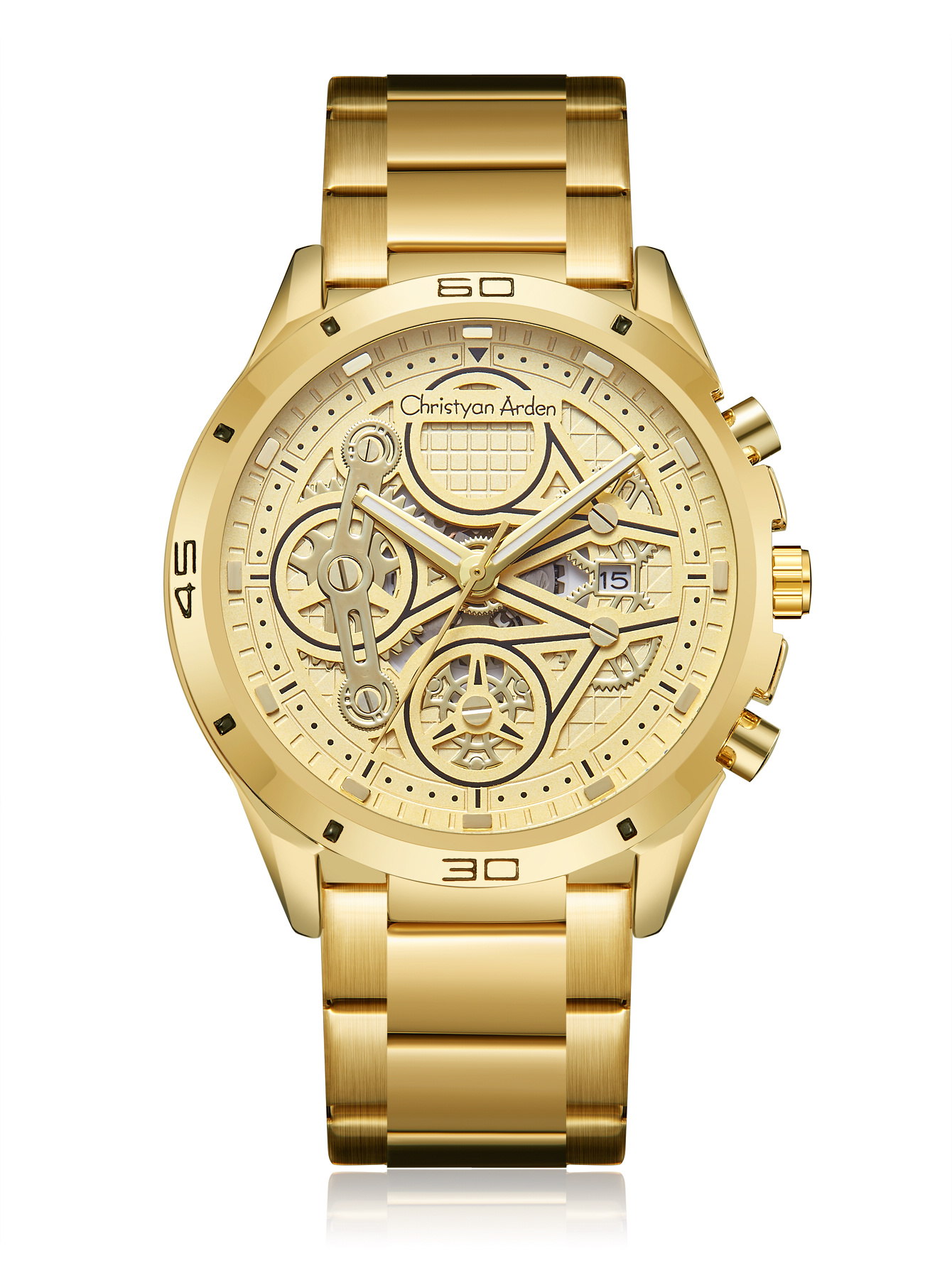 Full gold business watch with a champagne openwork-style dial