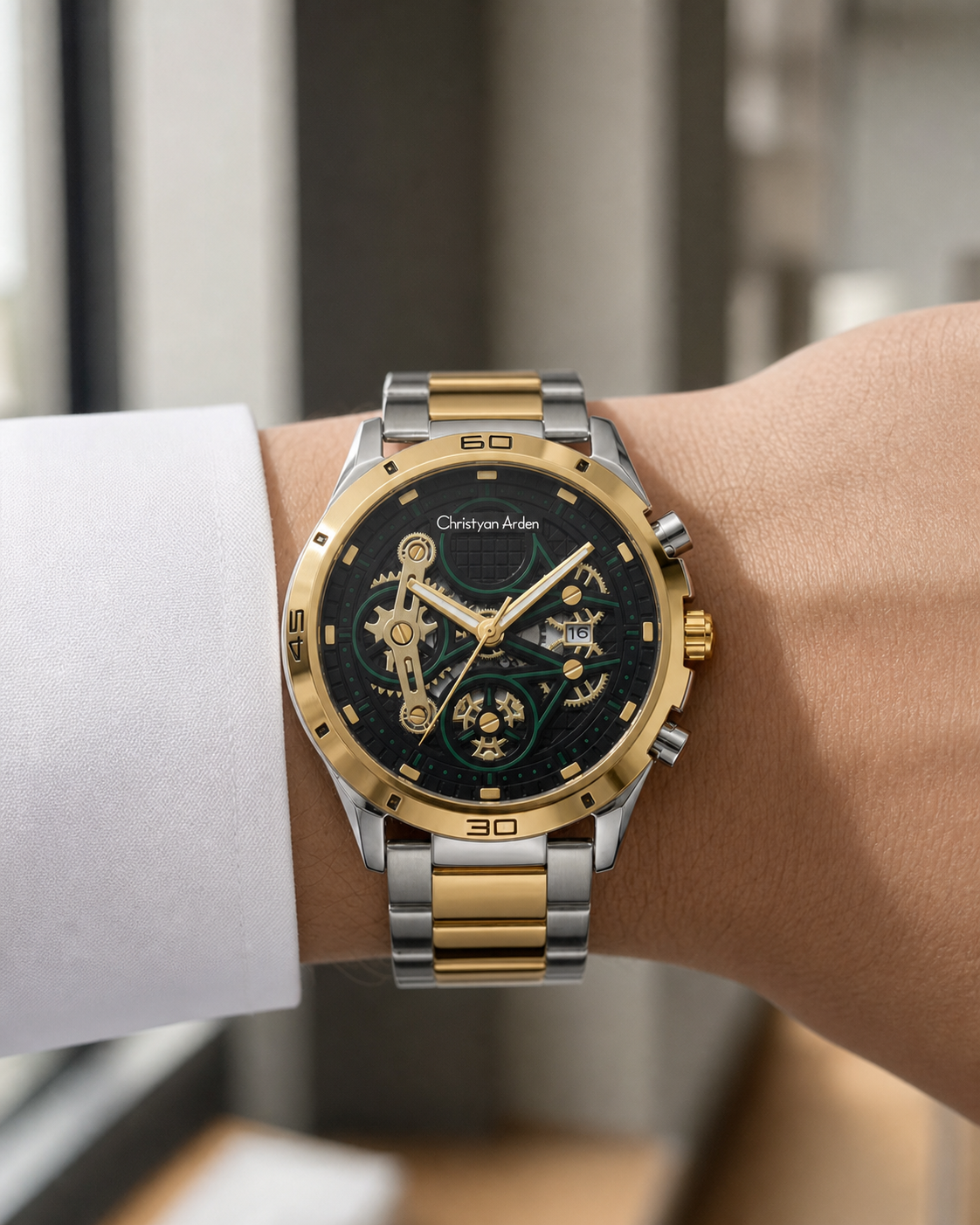 CA-202 two-tone business watch worn with a white shirt in an office