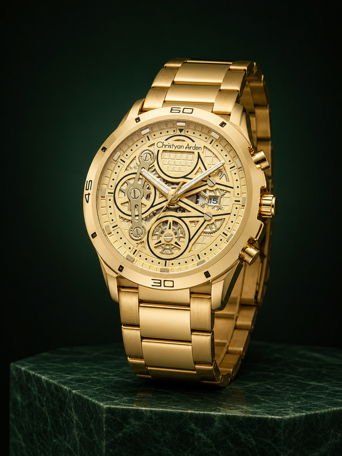 Angled view showing the CA-201 gold-tone case and metal bracelet
