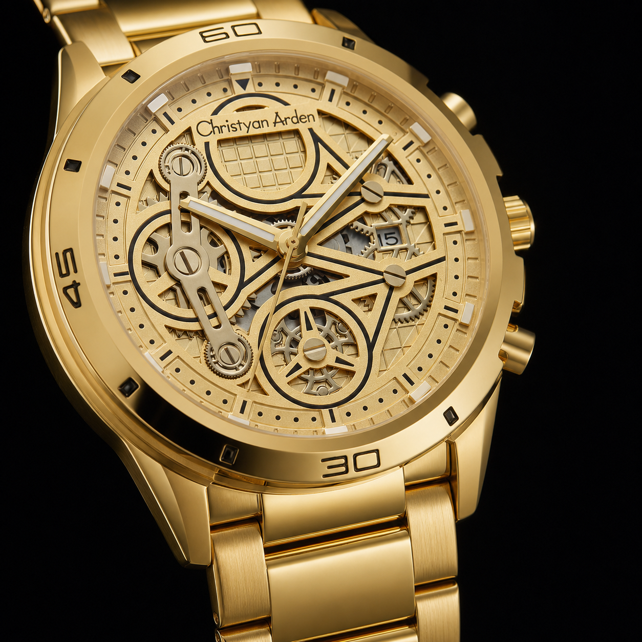 Close view of the CA-201 champagne dial, hands and visible design details