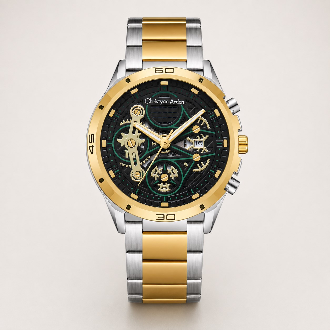 AI-generated front presentation of the CA-202 gold-and-steel quartz watch with a black and emerald decorative openwork dial